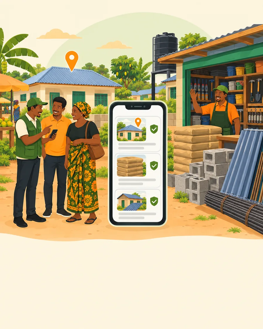 A street with houses, shop frames and plots for sale